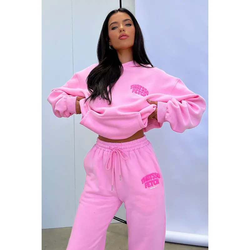 That's So Fetch Women's 2-Piece Soft Puffed Cotton Sweatshirts Set - Pink Hoodie with Pocket, Loose Fleece Casual Loungewear, Matching Sweatpants Option