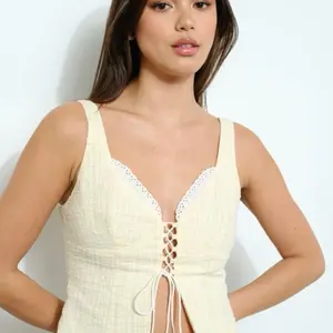 Peekaboo Lace Top - Cream Woven Lace Up Front Cami Top with V Neckline and Adjustable Straps