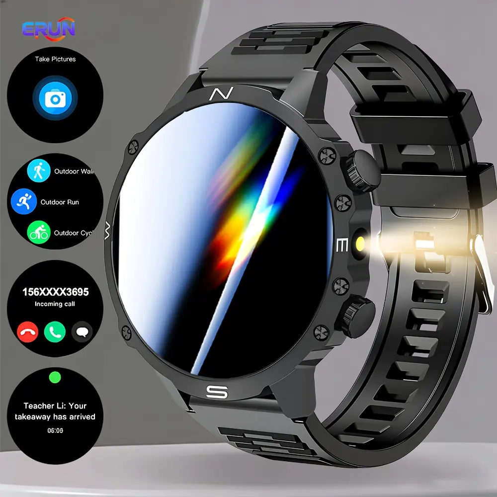 2026 new smart watch featuring a 1.5-inch round display, supporting wireless calling, message notifications, alarm clock, calculator, LED lighting, outdoor sports fitness features, compatible with iPhone and Android—an ideal gift for family and friends. t