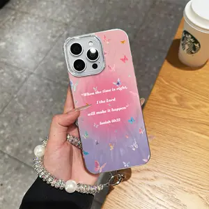 Gradient Isaiah 60:22 butterfly lanyard phone case, metal surface, Preppy style, fashionable Y2K style phone case, suitable for Phone 17 Pro Max, 17 Air, 16 Plus, 15 Pro, 14, 13, 12, 11, X and XS Max Christ portable phone case-A148