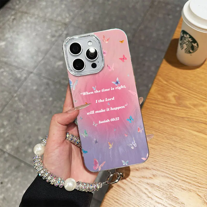 Gradient Isaiah 60:22 butterfly lanyard phone case, metal surface, Preppy style, fashionable Y2K style phone case, suitable for Phone 17 Pro Max, 17 Air, 16 Plus, 15 Pro, 14, 13, 12, 11, X and XS Max Christ portable phone case-A148