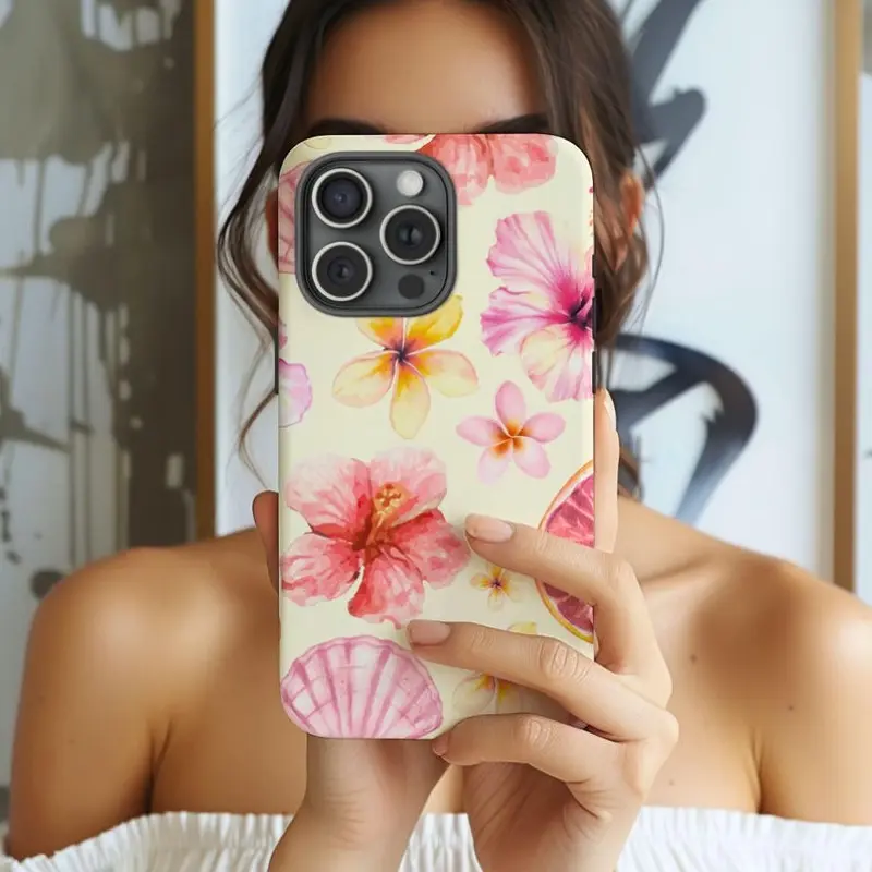 Hibiscus Seashell Polycarbonate Phone Case, Pastel Flower Print, Durable Shockproof Protection for iPhone 11-17 Pro, Max, Air, Plus, Trendy Girly Summer Aesthetic Mobile Accessories