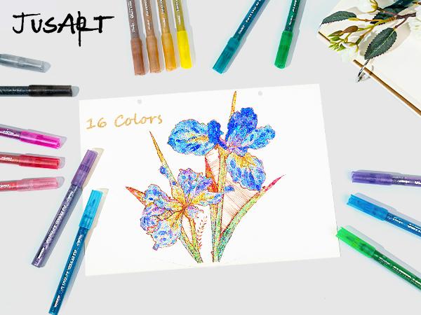 [JusArt] 32/24/16 Colors Glitter Markers Pen, Glitter Paint Pens, Shimmer Marker, Water-based Ink for Kids Adults DIY Crafts Greeting Birthday Cards Present Doodle Drawing Supplies, Paint Markers, Markers for Coloring, Art Supplies, Coloring Supplies