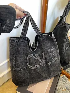 Unisex Large Capacity Letter Design Denim Tote Bag, Trendy Tote Bag, Casual Fashion Handheld Shoulder Bag, Boho Work Bags for Daily Use, Office Commute