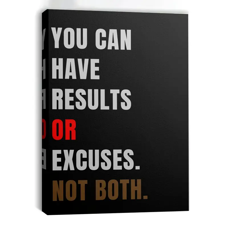 1 Piece Framed Inspirational Quote Canvas Wall Art - "You Can Have Results or Excuses" Design, Black Background, White Text, Perfect for Gym, Home Office, Bedroom, Living Room, and Gym Decoration, Inspirational Wall Art