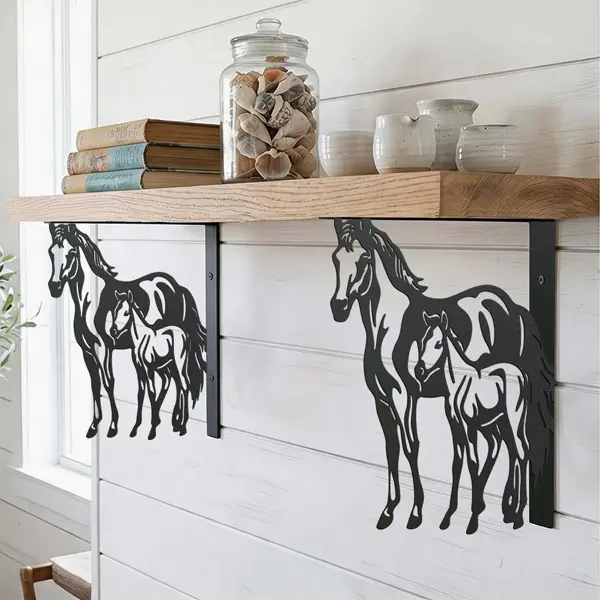 "Horse" Cutout Floating Shelf Brackets (Set of 2) — Sturdy, durable, and easy-to-install wall-mounted brackets blending Asian Zen aesthetics; suitable for storage and decorative display in kitchens, bathrooms, bedrooms, and balconies.