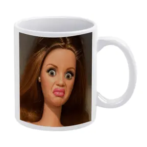 Barrbiie Disgusted Doll Face Ceramic Coffee Mug, (11oz, 15oz) Funny Meme Cup, Ugly, Hilarious Coffee Cup Gift for Mom, Dad, Coworker or Friend
