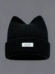 Women's Cat Ear Pom Pom Knitted Hat with Elastic Band, Soft Winter Warmth, Cute Cat Ears Design, Casual Fashion Accessory, Funny Comedy Hat