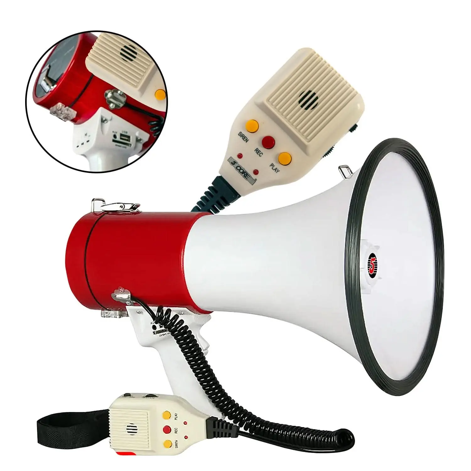5 Core Megaphone 50W Bull Horn Professional PA Speaker w 1200 Yards Range Loud Siren Voice Amplifier USB/SD/3.5mm Aux Portable Megafono - 66SF