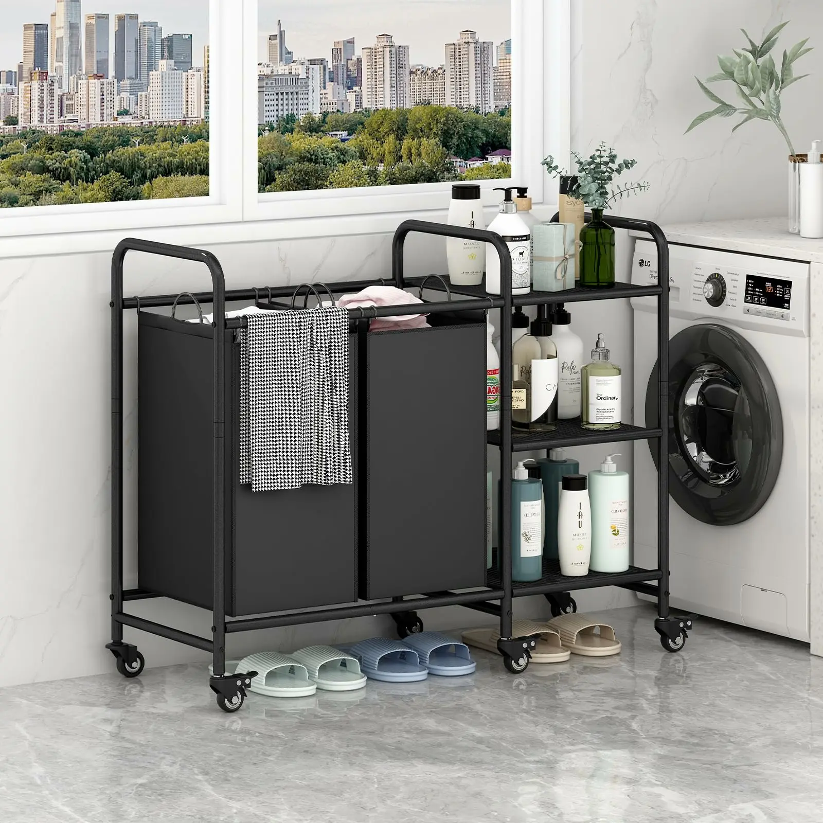 3 Bag Laundry Basket Sorter Cart with Storage Shelf Household Metal Organiser Large Waterproof section laundry dirty clothes clothes rack