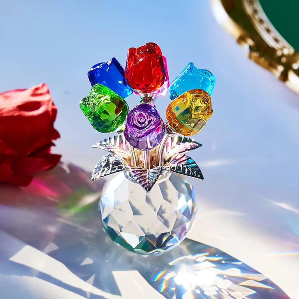 Crystal Colorful Rose Bouquet Figurine - Glass Rose Flower Statue for Desk & Bookshelf - Decorative Ornament for Bedroom, Living Room, Office & Home Decor - Birthday, Valentine's Day, Wedding Anniversary & Mother's Day Gift Idea for Mom, Wife & Girlfriend