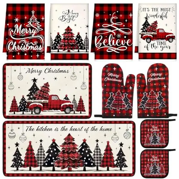 Christmas Kitchen Decor Set with Towels, Rugs, Oven Mitts & Pot Holders Perfect for Baking, Cooking, BBQ & Holiday Home Decor