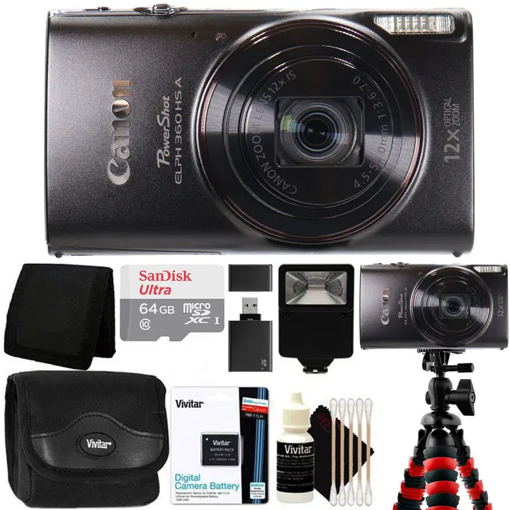Canon PowerShot ELPH 360 HS A Digital Camera (Black) + SanDisk Ultra 64GB microSDXC Memory Card + Compact Protective Carrying Case + Large Rubberized Spider Tripod + flash + Card Reader + Card Wallet + LI-ON BATTERY FOR CANON NB-11LH + Cleaning Kit