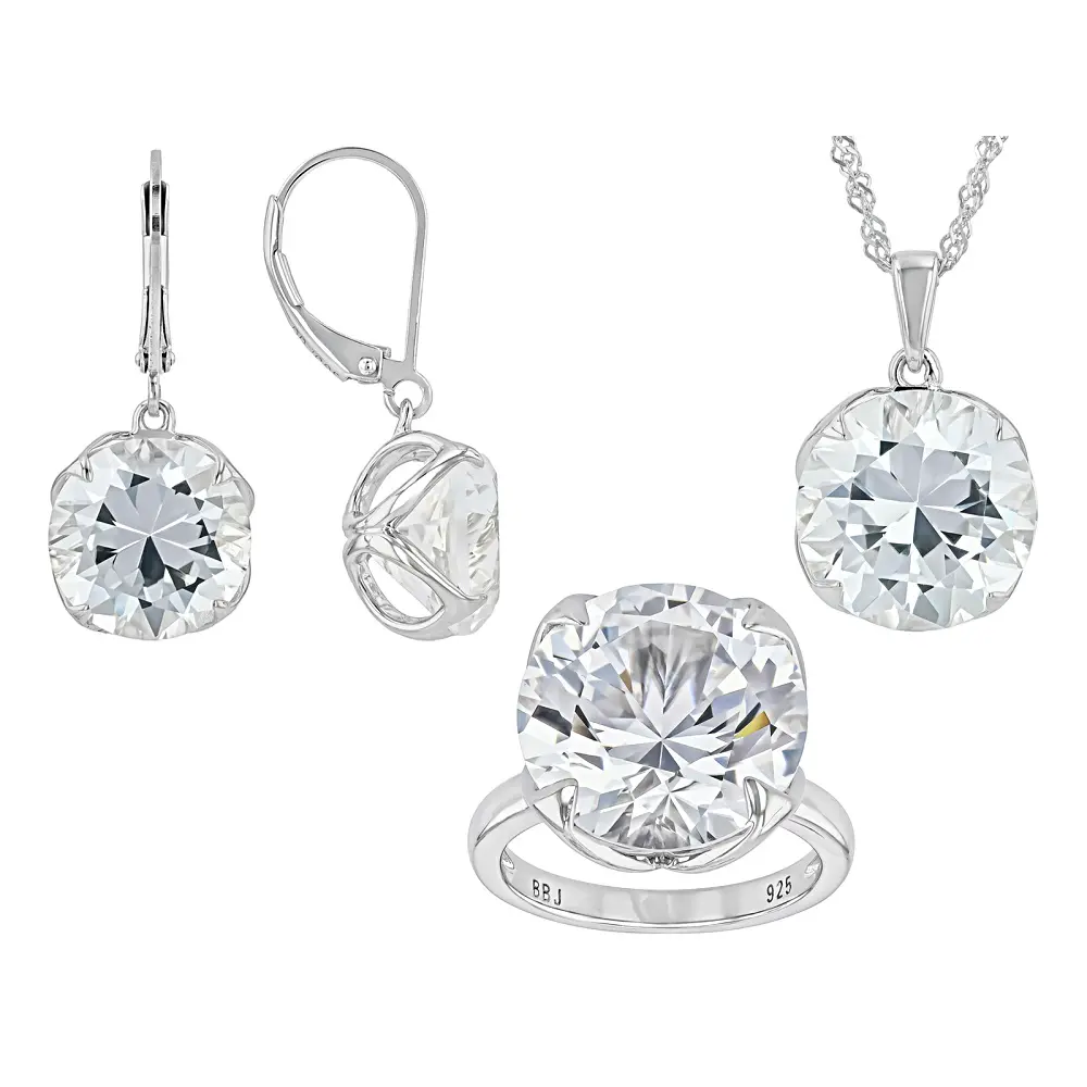 Classic Unisex 3-Piece Jewelry Set, Rhodium Plated Sterling Silver Ring, Earrings & Pendant with Round Lab-Created White Sapphire, 43.90ctw, Everyday Wear, Round Cut, Set Includes
