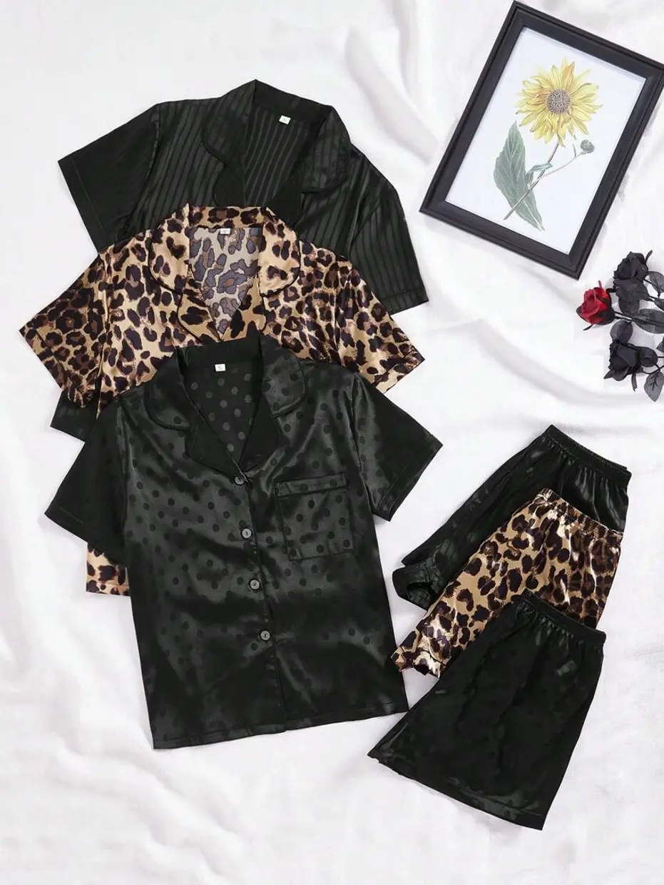3pcs Set Collar Pocket Satin Pajama Set/Sleepwear Set, Vacation