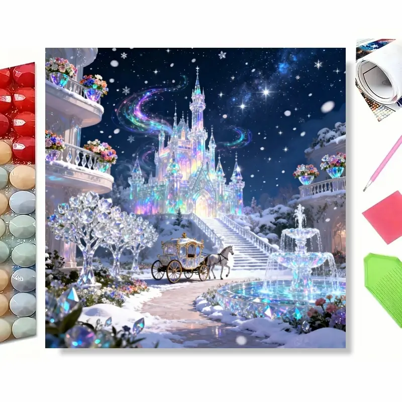 5D Diamond Painting Kit - Enchanted Crystal Castle with Carriage & Aurora, Winter Snow Fantasy Scene, DIY Wall Decor for Bedroom Living Room, Perfect Gift for Christmas & Princess Lovers, Full Drill Crystal Craft Set, Diy Craft Supplies
