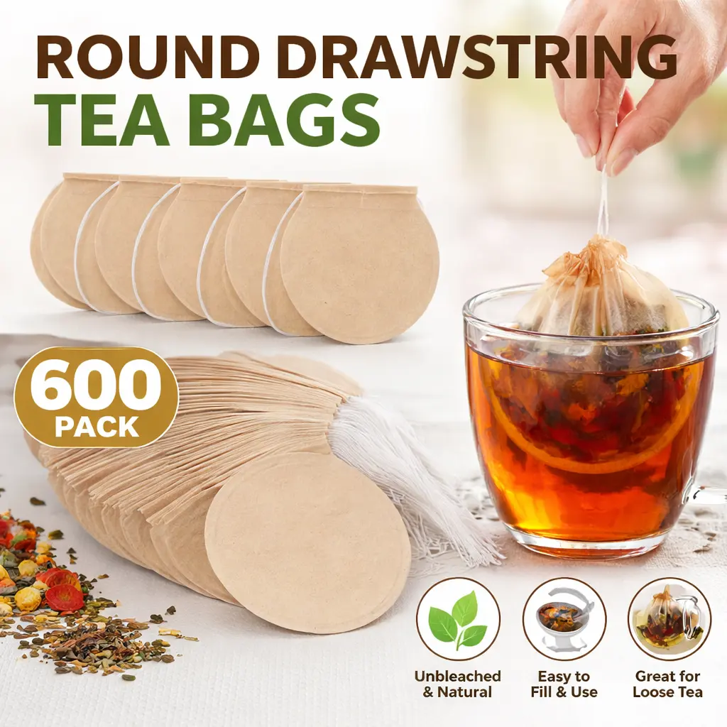 600pcs Disposable Unbleached Round Drawstring Tea Bags with Filters - 2.95x2.67 Inches Natural Paper Teaspoon-Measured Kitchen Tea-Making Tools for Lavender, Wood Herbs, Coffee