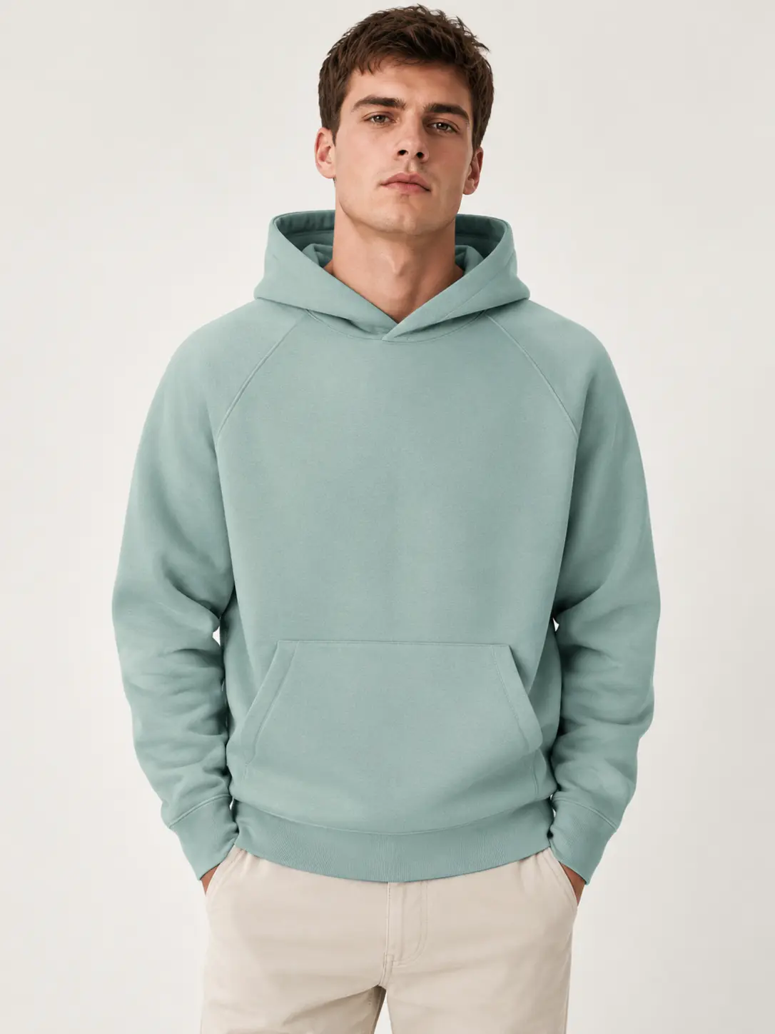 Men's Casual Cotton Pullover Hoodie, Plain Green Lightweight Long Sleeve Top with Kangaroo Pocket for All Seasons