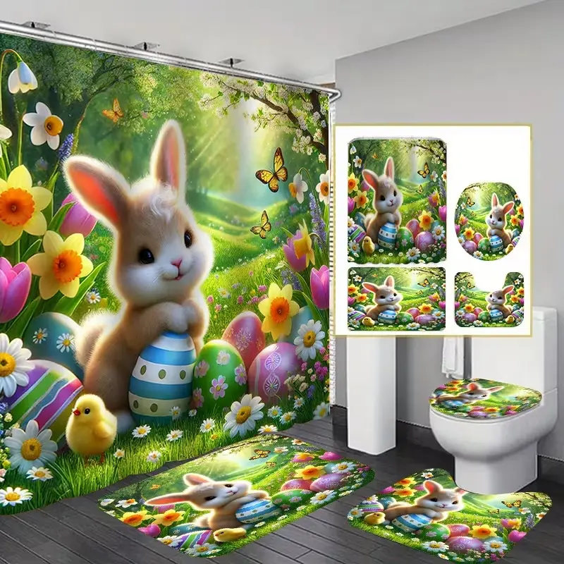 1/4pc Easter Bunny Egg Series Shower Curtain Set, includes non-slip mat, U-shaped rug, and toilet seat cover. Perfect for bathroom decoration, partitioning, and beautifying the space. Comes with 12 shower curtain hooks.