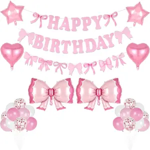 Pink Bow Birthday Party Decorations, Bows Happy Birthday Banner with Latex Balloons, Pink Bow Garland Balloon for Women Girl Birthdays Supplies