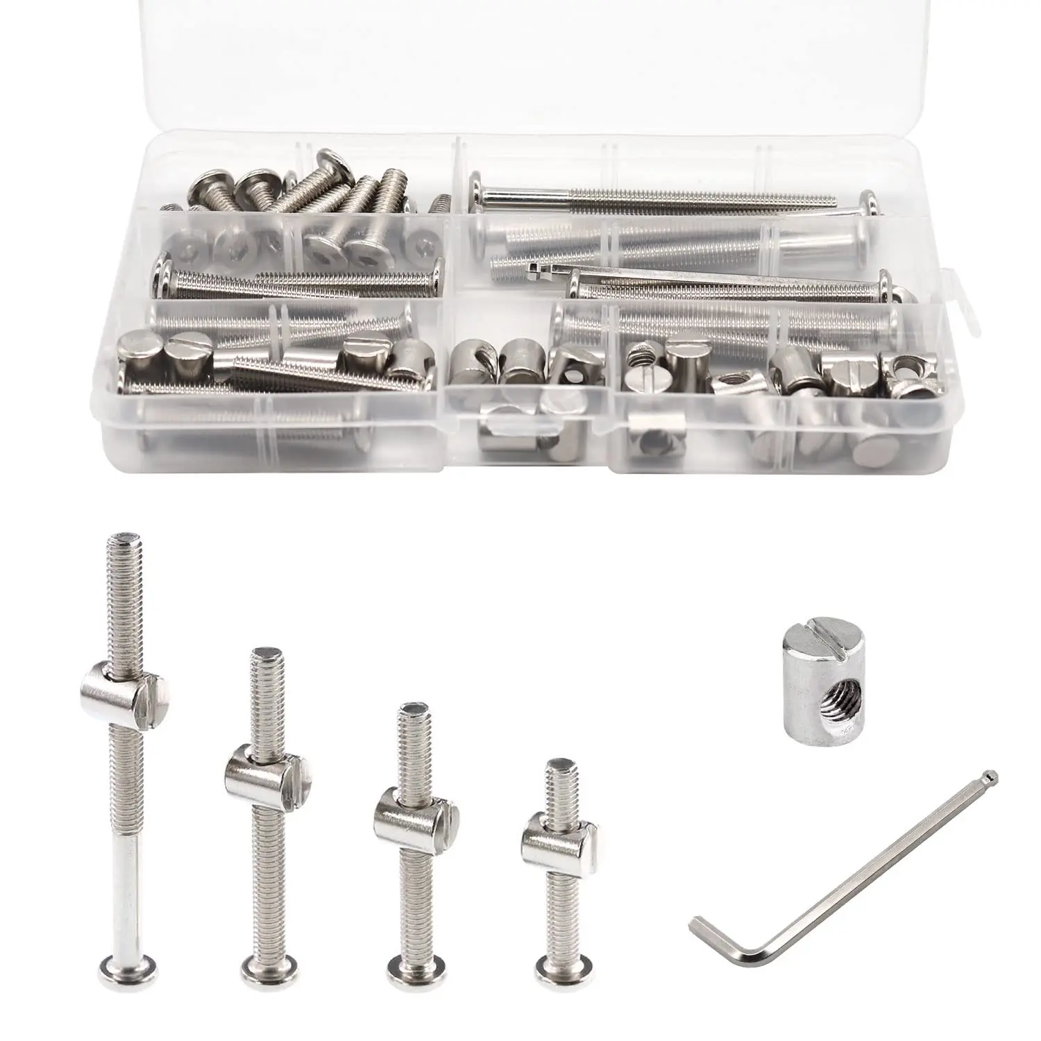 28pcs M6 Sizes Zinc Plated Crib Hardware Replacement Kit - M6 Hex Drive Socket Cap Screws (20/40/60/80mm), 28pcs Barrel Nuts, 1pc Wrench for Bunk Beds, Cribs, Furniture (Multiple Lengths)