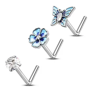 Oufer 20G 3PCS Blue Flower/Butterfly/Clear CZ Nose Studs