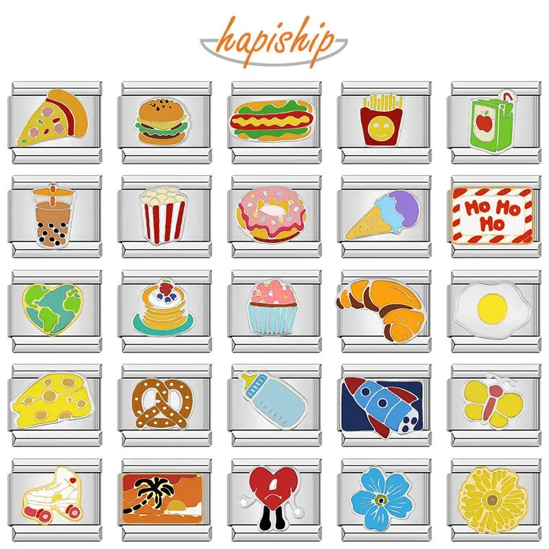 Hapiship New Fashion Food Hamburger Ice Cream Charm Italian Links Fit 9mm Bracelet Stainless Steel Jewelry DIY Making DJ585