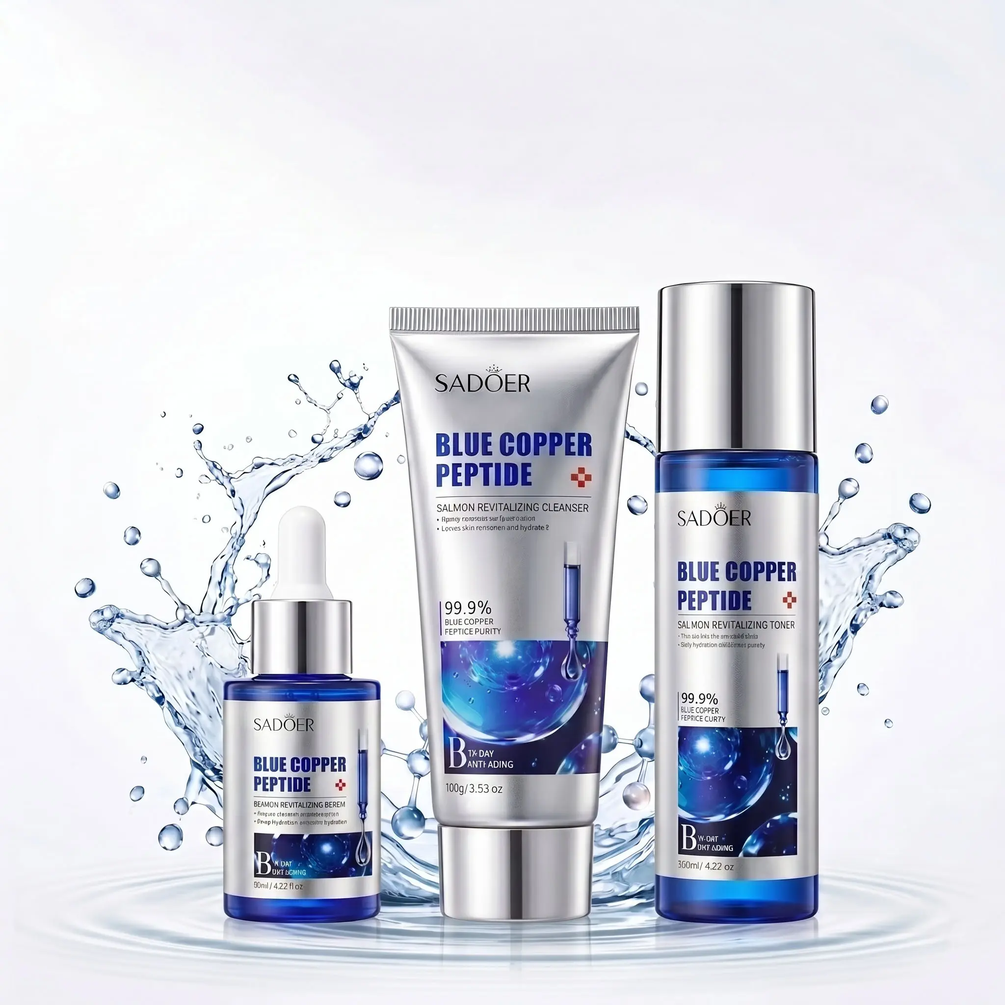 GHK-CUcopper peptide Skincare 3-Piece Set  Facial Cleanser, Toner & Serum Set   Blue Copper Peptide+ Niacinamide + Sodium DNA Serum