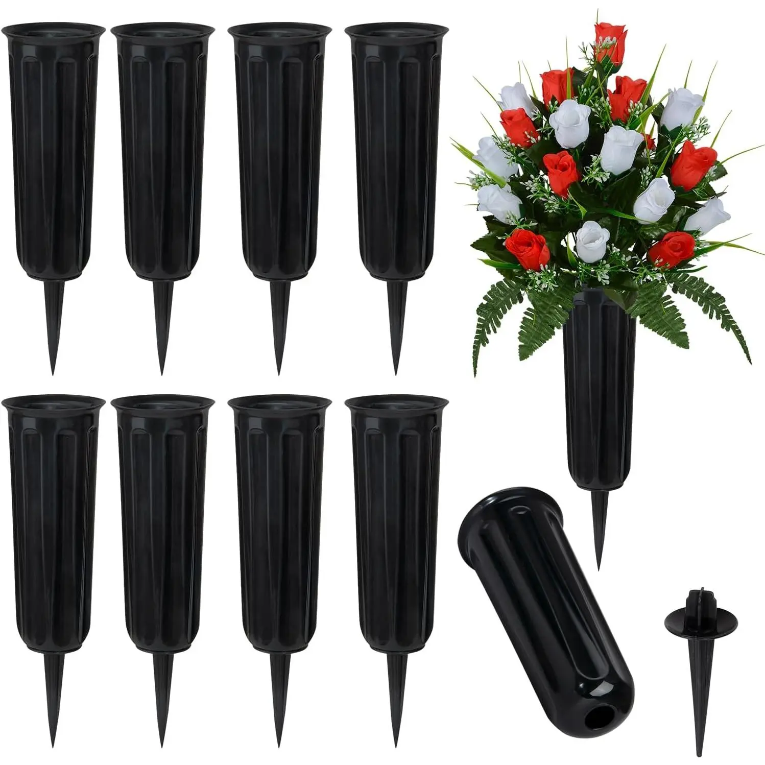 Cemetery Vases Memorial Flower Vase Plastic Flower Holders with Spikes  Headstones Cemetery Grave Decoration (10Pcs, Black), Flower is not Included