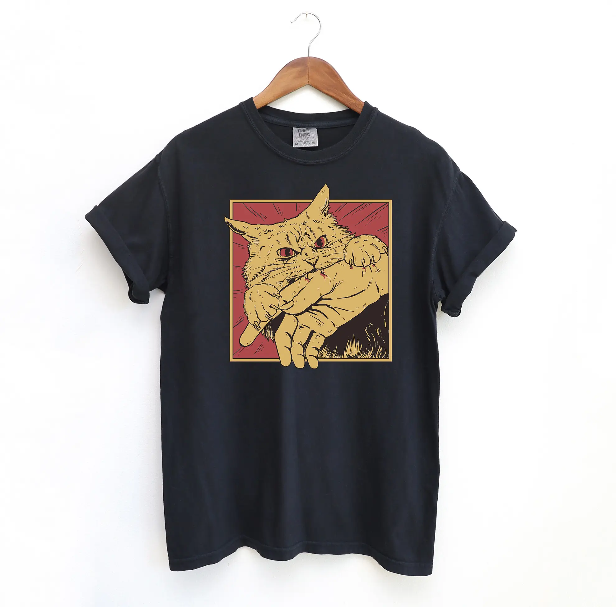 Cotton short sleeve T-shirt cat bite anime tshirt Kitty shirt funny meme shirt fit Black-Hoodie-front Black-Sweatshirt-front
