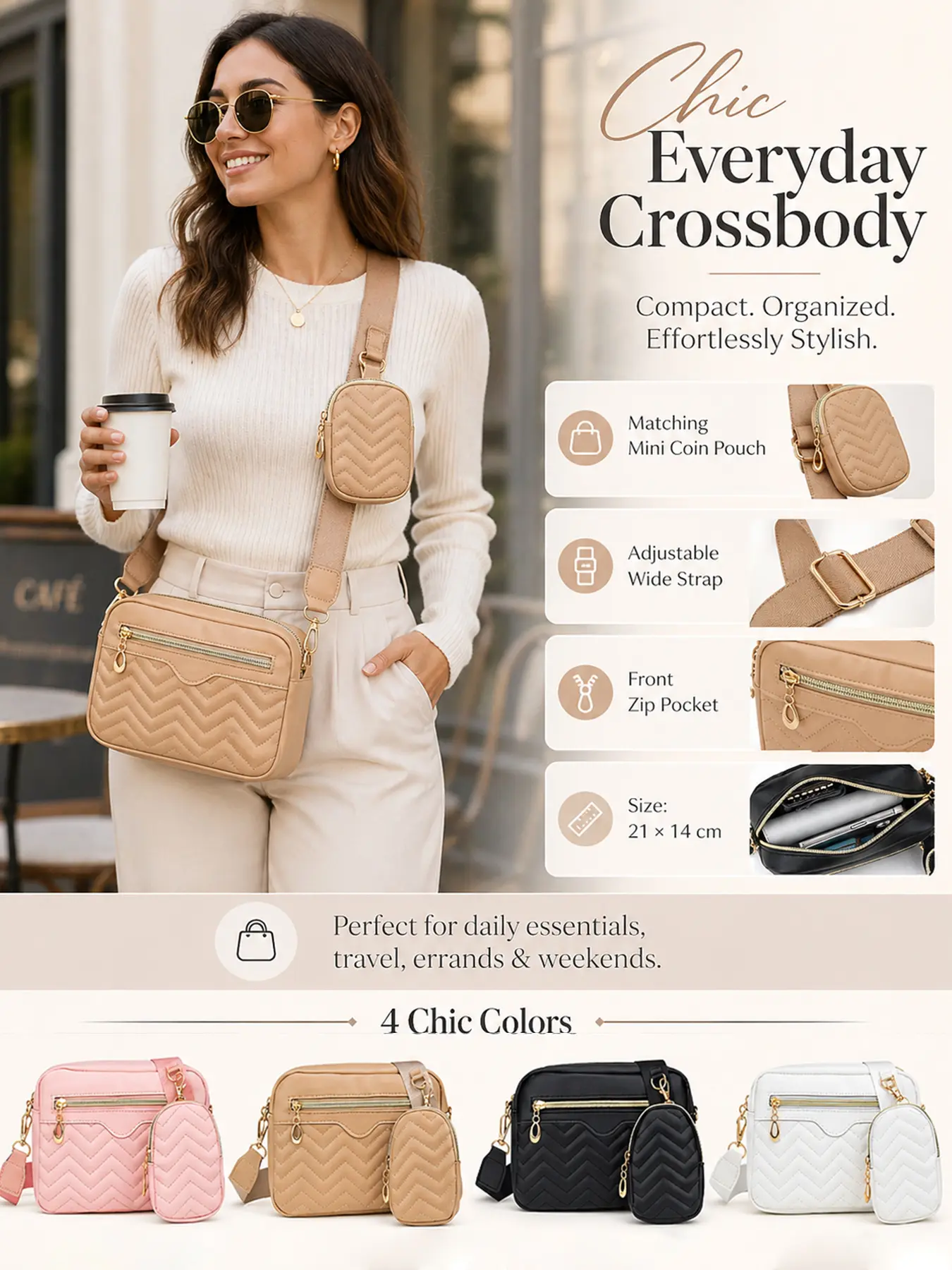 Wave Pattern Fashionable Crossbody Bag for Women, Casual Crossbody Bags, with Matching Detachable Coin Purse, Casual Cell Phone Shoulder Purse with Multiple Zipper Compartments, Lightweight Camera Bag, for Travel, Shopping and Daily Outings