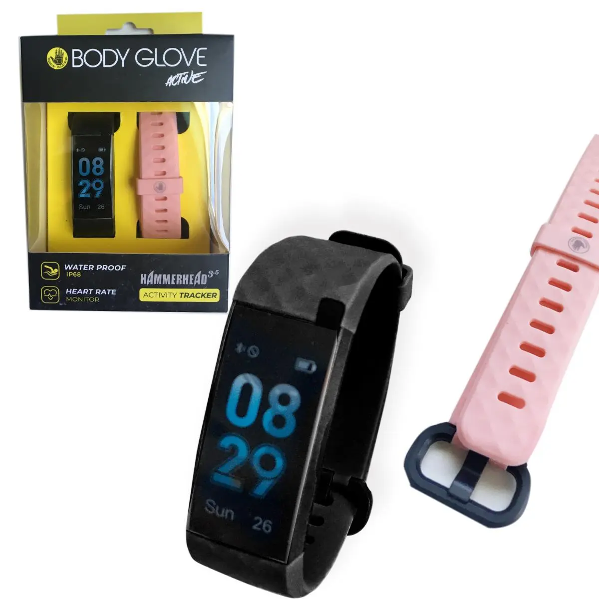 BODY GLOVE Durable Waterproof Silicone Activity Tracker Watch, Wearable Device with Heart Rate Monitor, Anti-Loss Alert, Multi-Sports Support, Black with Extra Pink Strap (Wearable Devices), Heart Beat Monitor