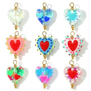 3pcs/Lot Stainless Steel Cute Heart Lampwork Glass Necklace Pendant Love DIY Earring Charms Women Handmade Twisted Wire Jewelry