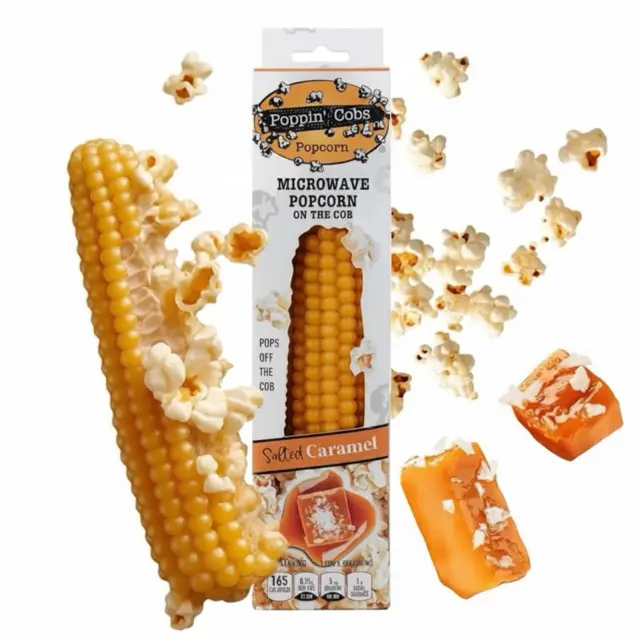 Poppin' Cobs Single Cob Microwave Caramel Popcorn - Salted Caramel Seasoned, Sweet & Salty, 100% Whole Grain, Farmer-Owned, Gluten-Free, Natural, Ambient, Drizzle Oil, Crispy Snack, Party Snacks, Ideal Gifts for Popcorn Lovers