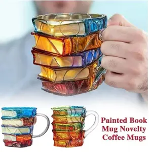3D Book-Shaped Coffee Mug Hand-Painted Resin Creative Drinkware Unique Book Stack Design for Coffee Tea Hot Drinks Book Lovers Decorative Statement Piece