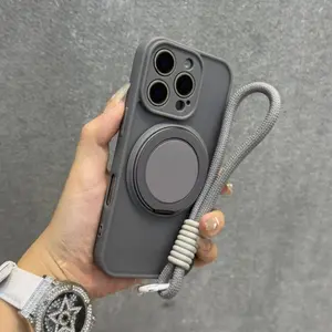 Transparent Rotating Stand Holder Straps Case For iPhone 17 Air 16 15 14 13 11 12 Pro Max 15 Plus Magnetic Lanyard Phone Wrist Strap Shockproof Cover
