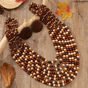 Colorful Wooden Bead Tassel Bib Necklace, Handmade African Style
