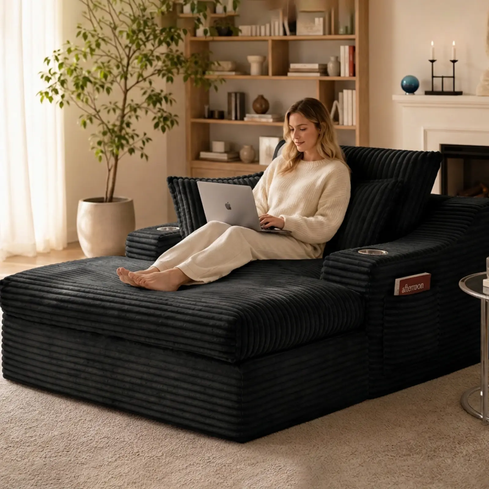 Oversized Chaise Lounge Chair Indoor Boneless Reading Chair Plush Corduroy Recliner with Cup Holders Large Deep Seat Comfy Sofa Bed Couch with 3 Pillows for Living Room Bedroom, No Assembly Required,Grey