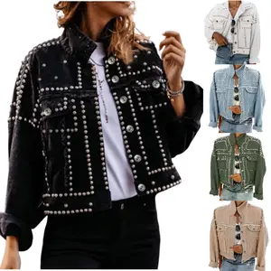 SCUSTY Women's Fashion Crop Fringe Denim Jacket Distressed Western Studded Black Trucker Jacket