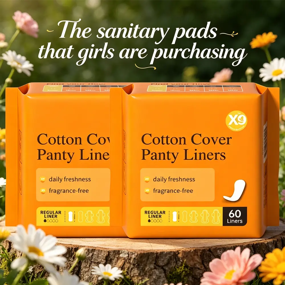 X9 100% Organic Cotton Menstrual Pads，155mm-Ultra-Thin and High Absorbency，Compact，Antibacterial, skin-friendly, ultra-thin sanitary napkins.Two lengths fit all skin types,60 pcs/Bag.NO Petroleum-Based Microplastic，no chlorine, no fragrance，Safe