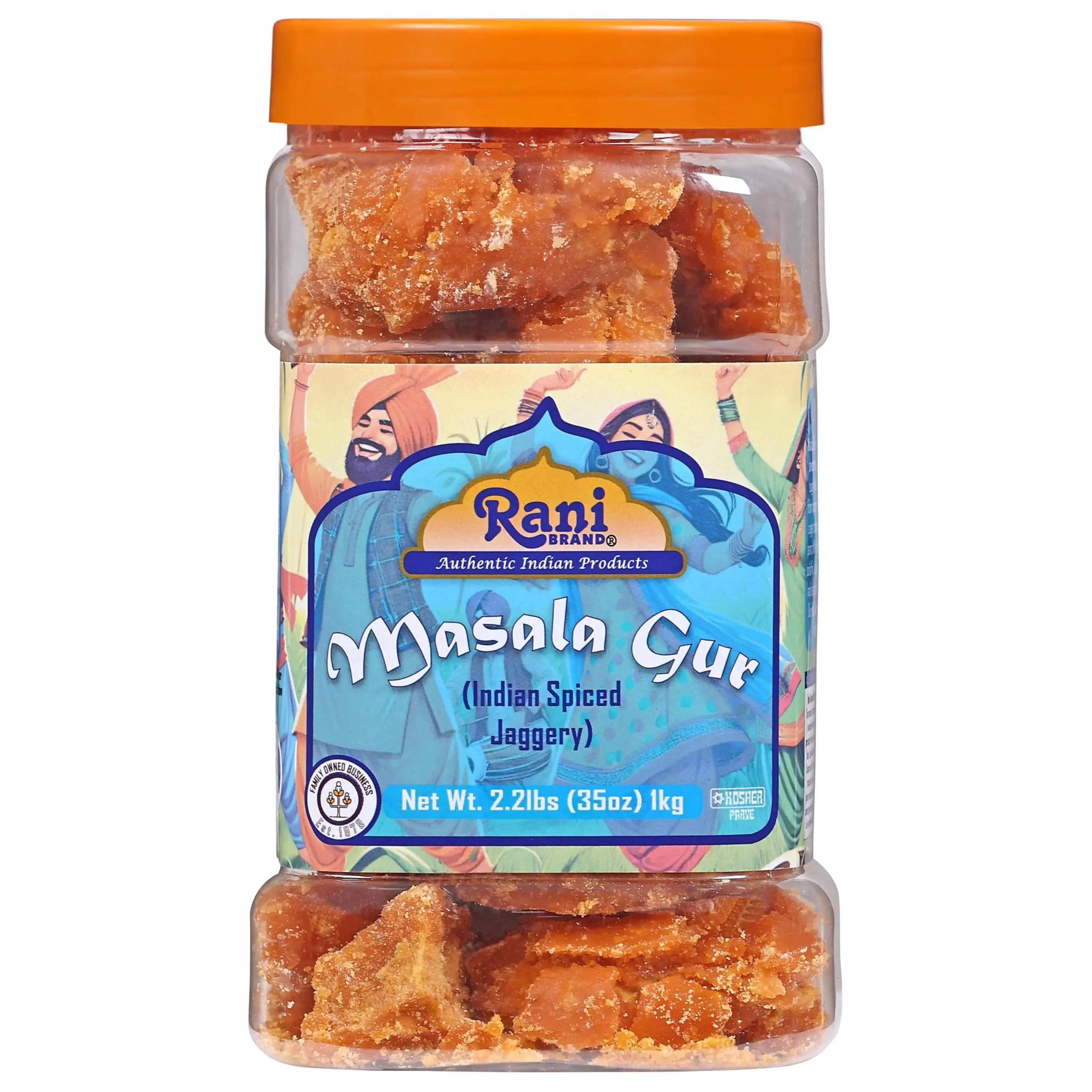Rani Masala Gur (Jaggery) Indian Unrefined Raw Cane Sugar 35oz (2.2lbs) 1kg PET Jar ~ Gluten Friendly | Vegan | NON-GMO | Kosher | Indian Product