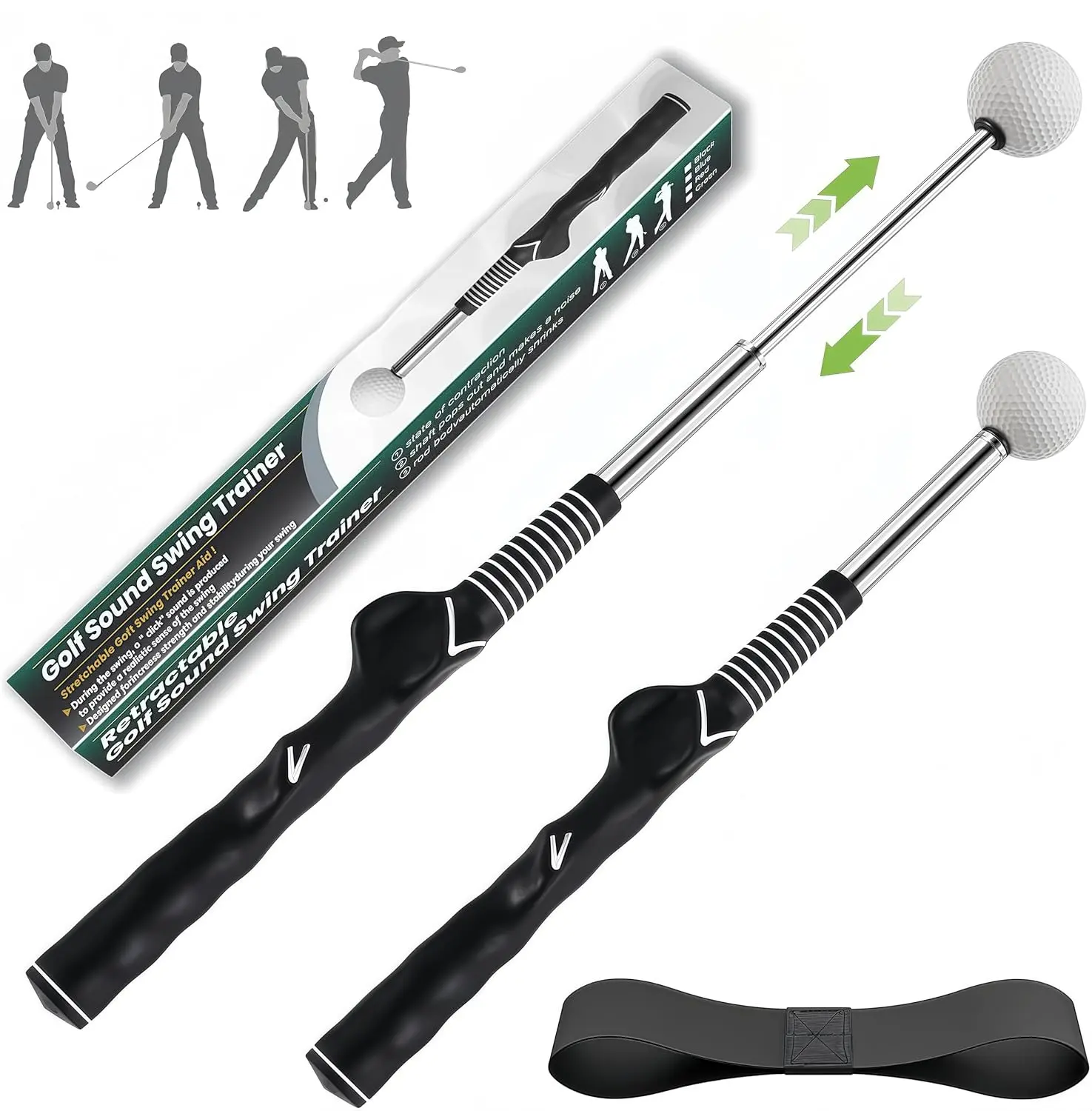 Retractable Golf Swing Trainer, Golf Grip Trainer and Right-Handed Golf Training Aid for Chipping Hitting, Ideal Golf Swing Training Aid with Arm Band for Indoor & Outdoor Use(Black)