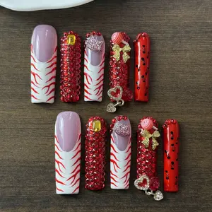 10pcs high-end Sweet and cool style, hand-painted zebra stripes, sparkling pile diamonds, three-dimensional bows, hearts, cand, handmade fake nails