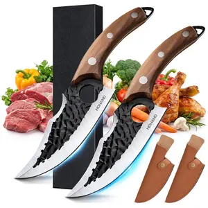 2Pcs Chef Knife Set, Kitchen Knife, Hand Forged Viking Knife for Meat Cutting, Forged Japanese Style Knife for Cooking - High Carbon and Full Tang - Boning & Slicing With Ergonomic Wooden Handle, Best Gift#fathersdaygift
