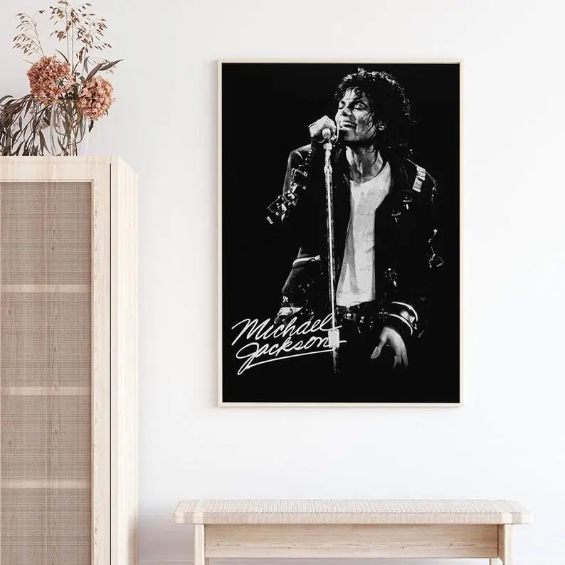 Michael Jackson Vintage Pop Music Legend Poster, Black and White Concert Wall Art, Retro Singer Print, Music Lover Room Decor Gift
