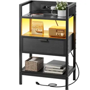 Ecofurnix Night Stand with Charging Station, LED Nightstand with Storage Shelf & Wooden Drawer, 3-Tier Bedside Table for Bedroom, End Table Living Room, Small Space, Black