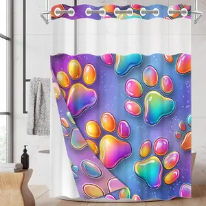 1PC  2D Flat Rainbow Gradient Paw Print Pattern Double-Layer Woven Shower Curtain (No Hooks), Transparent Top Window, Removable liner with snap-on lining, Modern and Unique Home Bathroom Partition Art Decoration