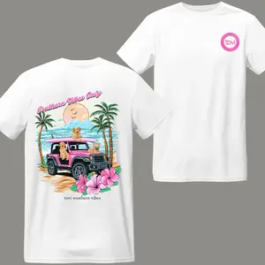 Summer Beach Vibe T-Shirt Featuring Tropical Jeep Cute Dogs and Sunset Design for Dog Lovers