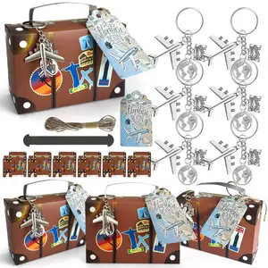 Vintage Suitcase Party Favor Box, Vintage Suitcase Candy Boxes with Airplane Keychains Party Favors, Kraft Tags and Burlap Twine for Travel Themed Party, Bridal Shower, Wedding Decorations