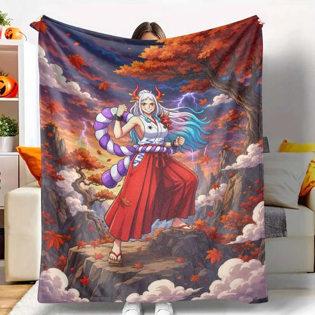 Anime Oni Warrior Flannel Blanket Autumn Maple Lightning Print Soft Cozy Lightweight Warm Throw for Sofa Bed Bedroom Gaming Room Travel Holiday Gift